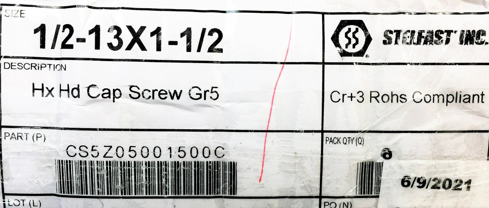 Stelfast 1/2" x 1-1/2" Hex Head Cap Screw GR.5 [Lot of 300] CS5Z05001500C NOS