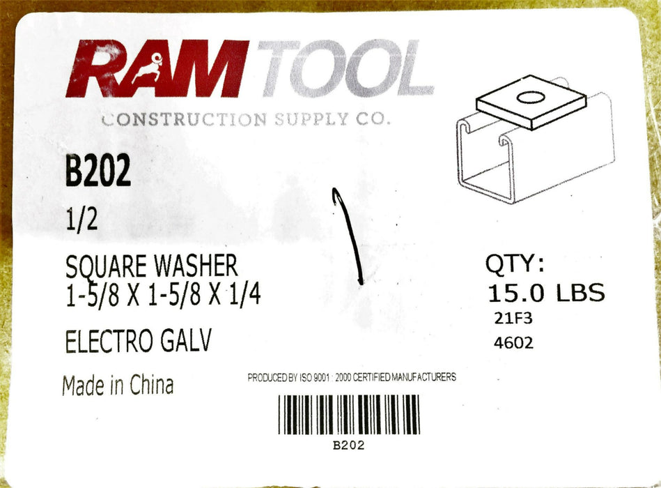 RamTool Electrogalvanized B202 Square Washer 1-5/8X1-5/8X1/4 [Lot of 100] NOS