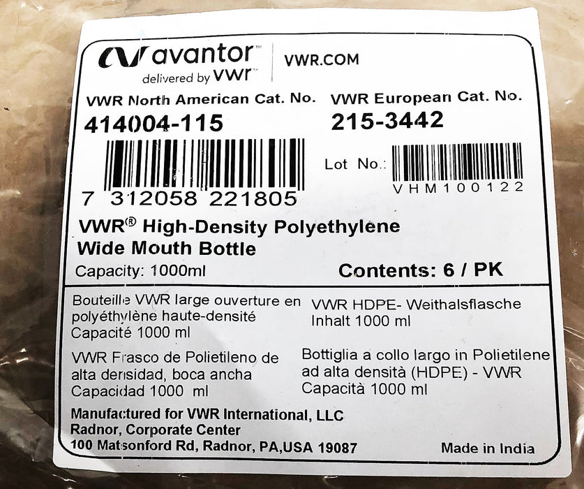 Avantor High Density Polyethylene Wide Mouth Bottle 414004-115 [Lot of 2] NOS