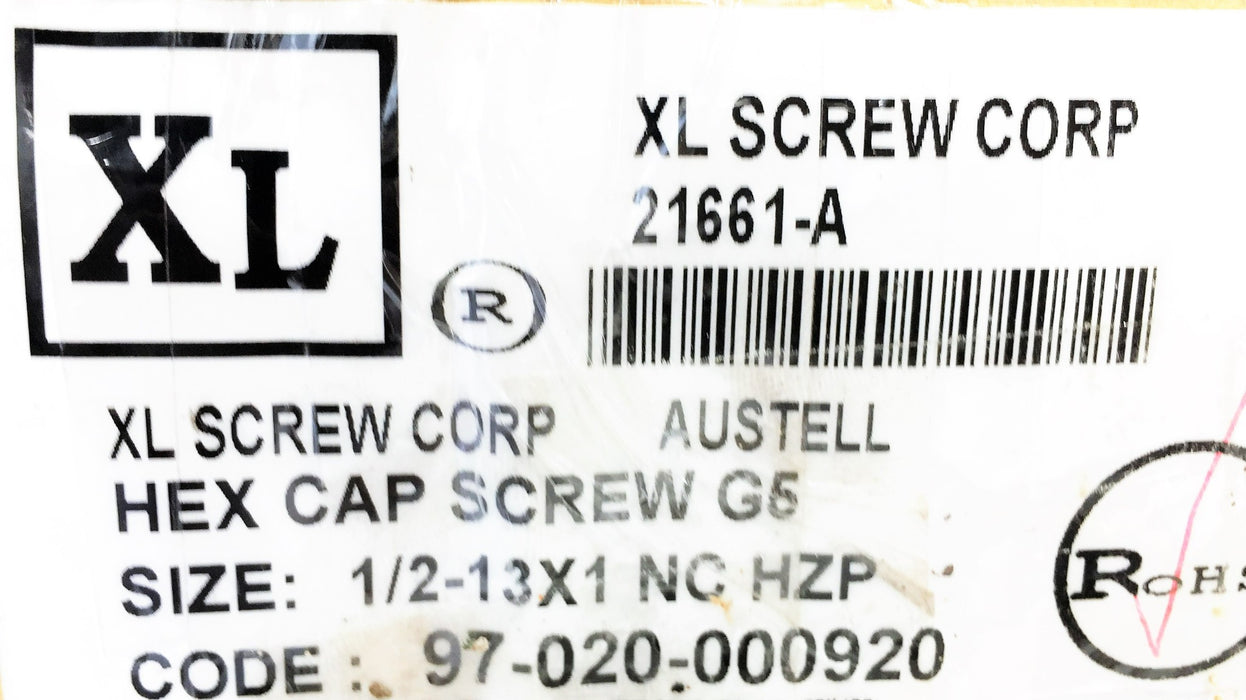 XL Screw Corp 1/2"-13 X 1" Hex Cap Screw Gr.5 21661-A [Lot of 100] NOS