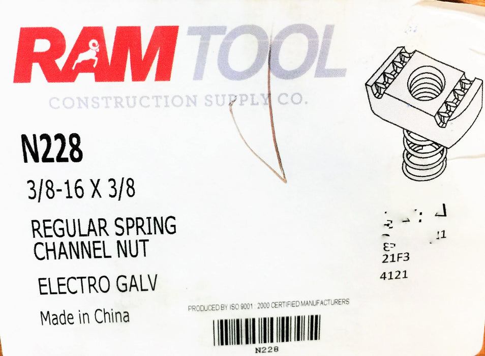 Ram Tool 3/8"-16 X 3/8" Regular Spring Channel Nut N228 [Lot of 100] NOS