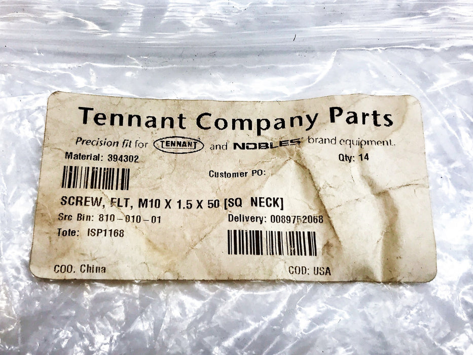 Tennant OEM Sq. Neck Screw (M10 X 1.5 X 50) 394302 [Lot of 14] NOS