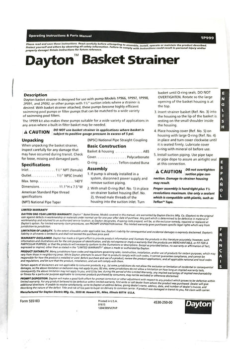 Dayton Basket Strainer 1P999 NOS