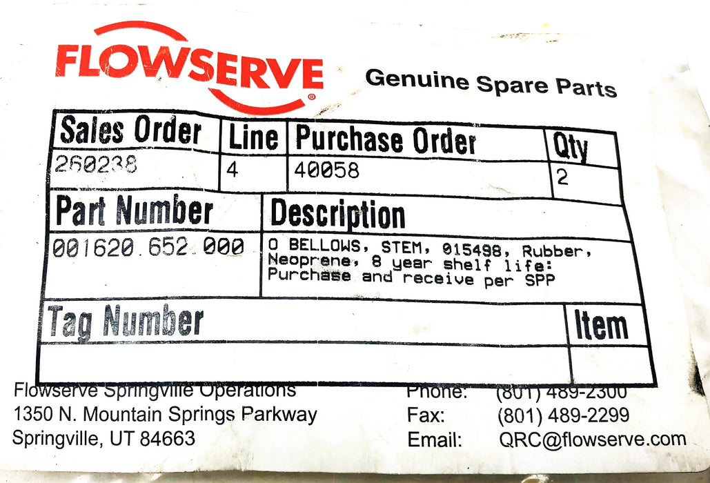 Flowserve 2 Piece Bellows Set 001620.652.000 NOS