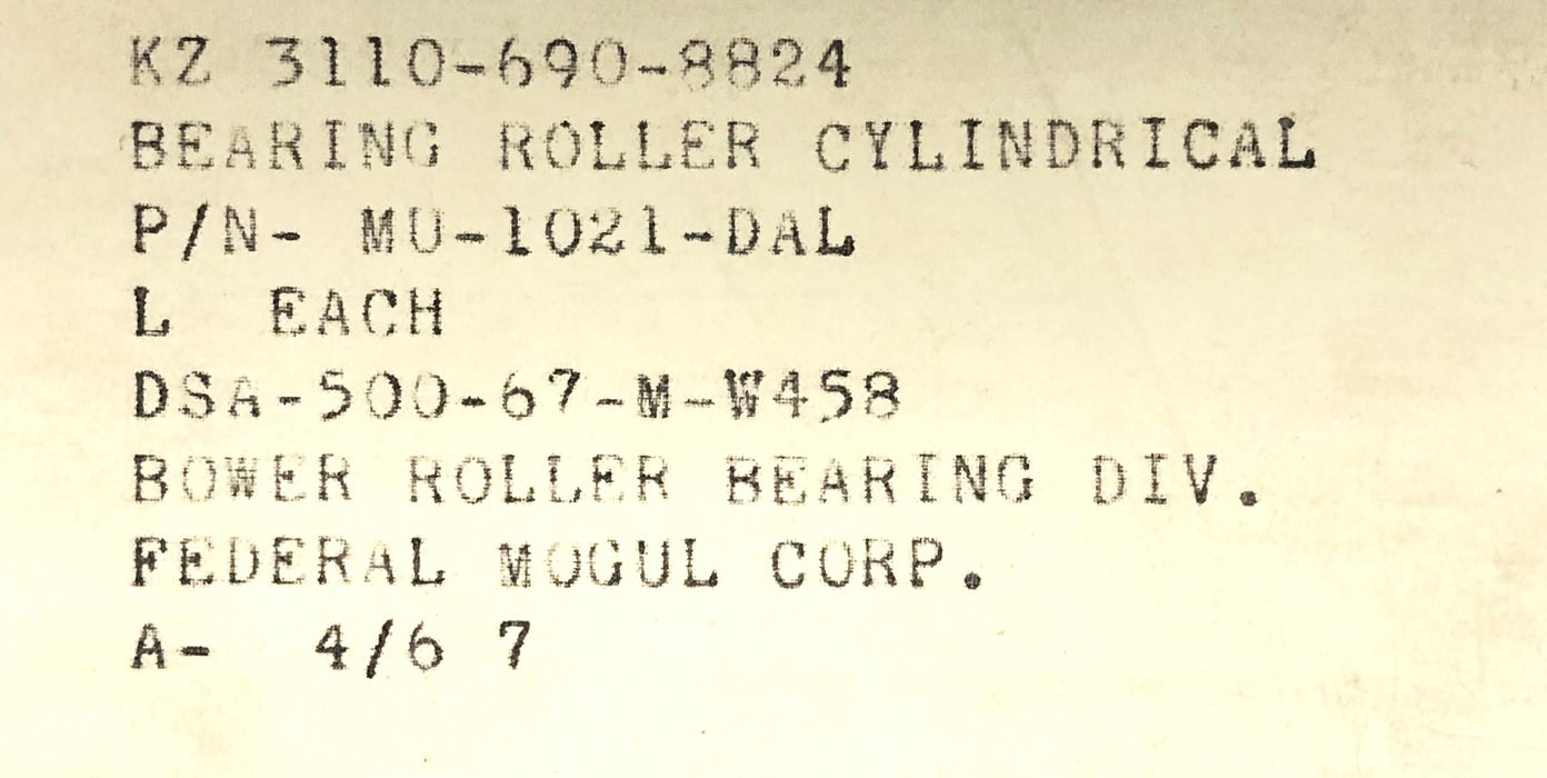 Bower KZ3110-690-8824 Cylindrical Roller Bearing MU1021DAL (M1021DA/MU12021) NOS