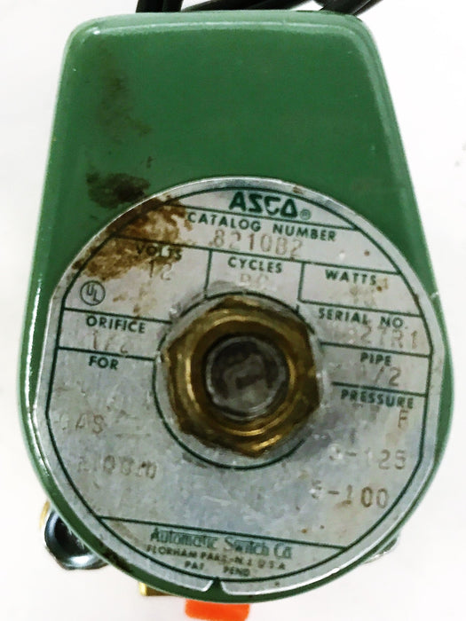 Asco 12 Volt Brass Solenoid Valve, Normally Closed, 1/2" Pipe Size 8210B2 USED