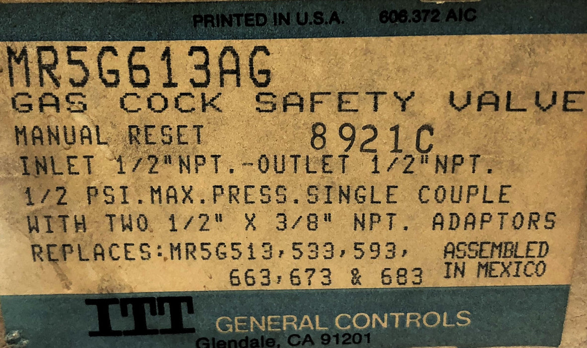 ITT General Controls Gas Cock Safety Valve (MISSING Adaptors) MR5G613AG NOS
