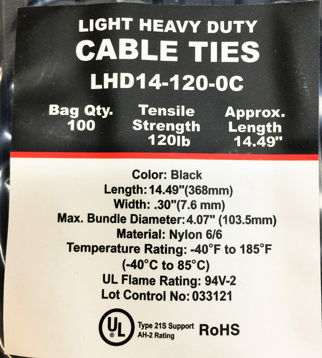 Light Heavy Duty 14.49" Black Cable Ties LHD14-120-0C (100pcs) NOS