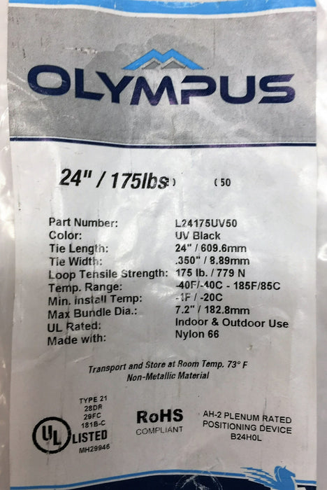 Olympus 24"/175lbs UV Black Nylon Cable Tie L24175UV50 [Lot of 74] NOS