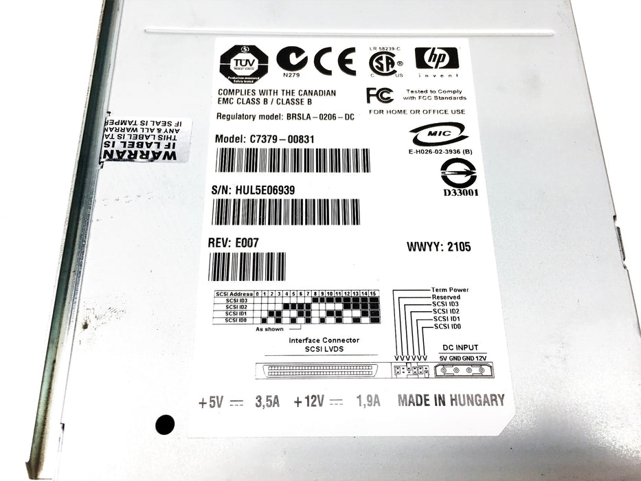 HP Ultrium 460 SCSI/LVD LTO-2 Tape Drive Model C7379-00831 BRSLA-0206-DC USED