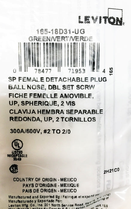 Leviton Green Female Detachable Double-Set Screw Plug 165-18D31-UG NOS