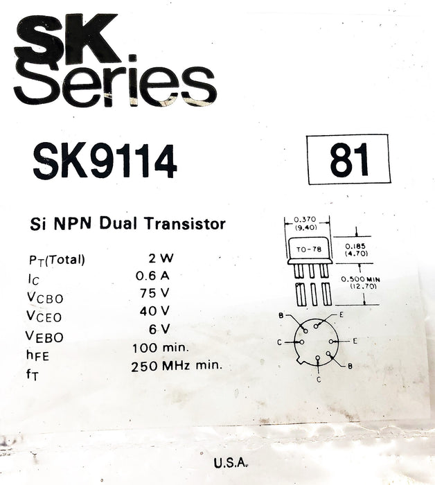 SK Series SI NPN Dual Transistor SK9114 NOS