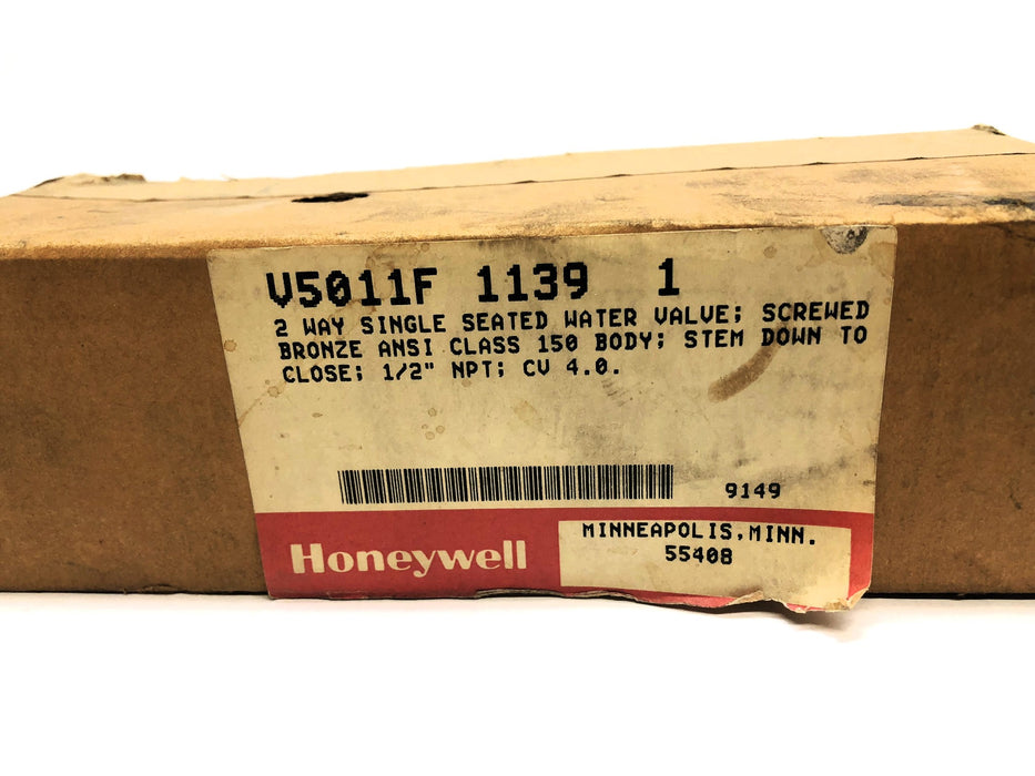 Honeywell 1/2" Close CV 4.0 NPT 2Way Single Seated Water Valve V5011F-1139-1 NOS
