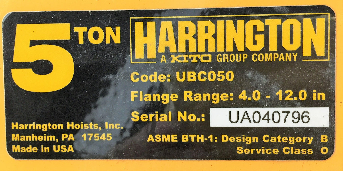 Harrington 5-Ton Universal Beam Clamp UBC050 NOS