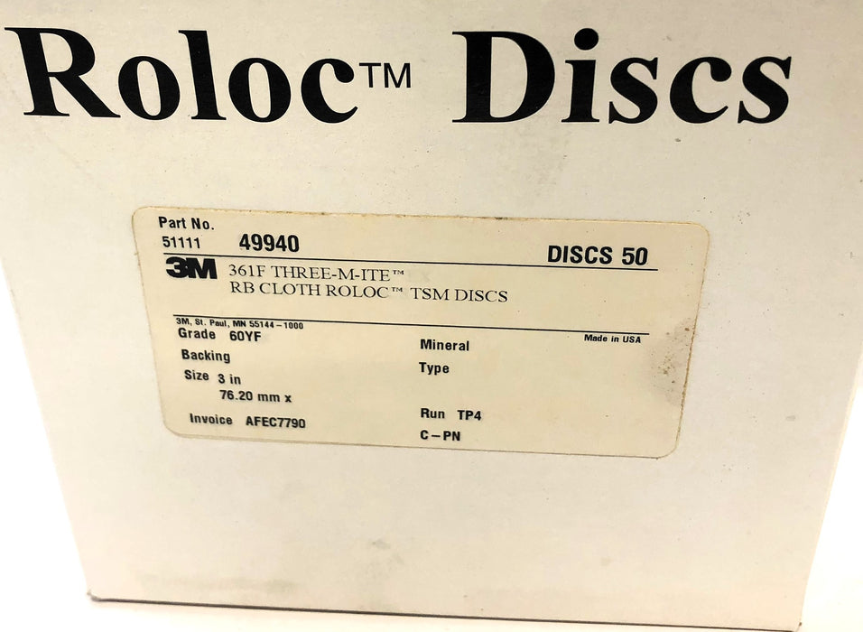 Caja 3M de (50) discos Roloc TSM de tela RB de grado 60YF de 3" 51111 (361F) NOS