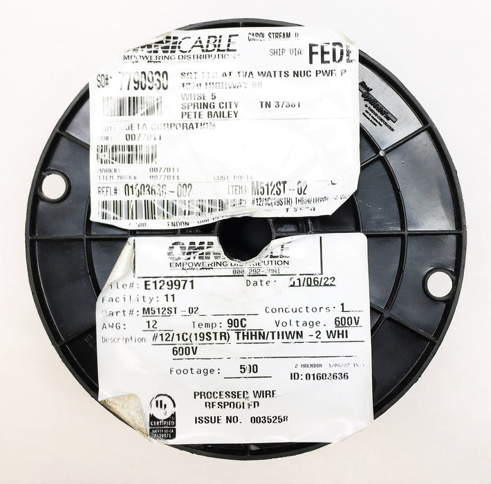 OmniCable 500' White #12/1C (19STR) THHN/THWN-2 WHI 600V Wire M512ST-02 USED