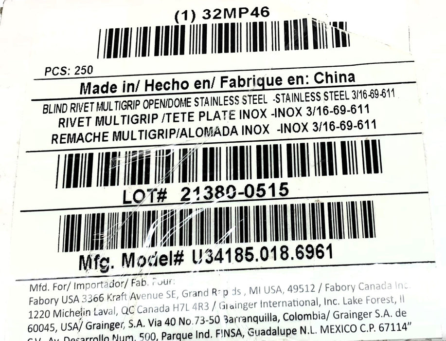 Fabory Box of (250) 15/16" Body Size 2-1/2" OAL SS Blind Rivets 32MP46 NOS