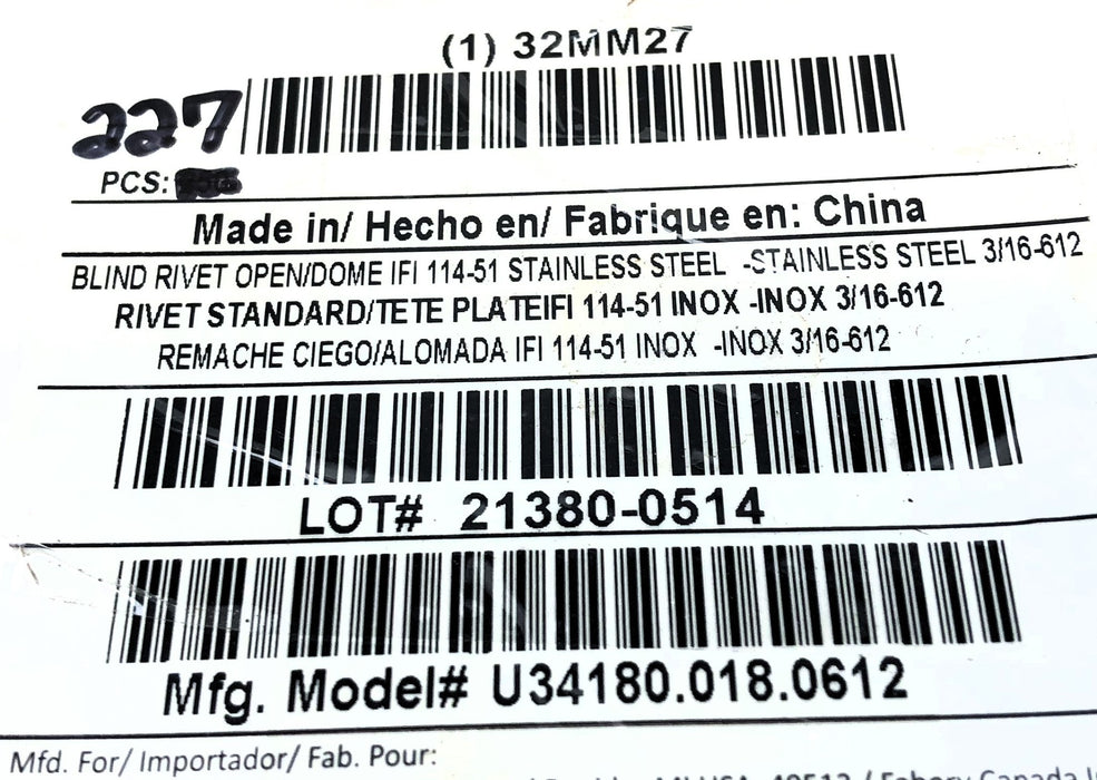 Fabory Box of (227) 61/64" Body Length 2-7/64" OAL SS Blind Rivets 32MM27 NOS