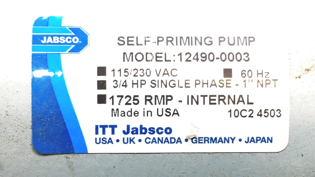 Jabsco ITT 1725RPM 60Hz 115/230VAC 3/4HP Self Priming Pump 12490-0003 USED