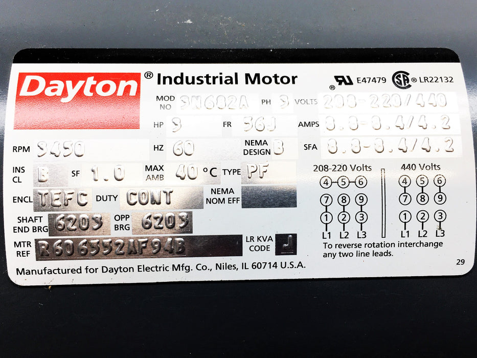 Dayton 3HP 208-220/440V 60Hz 3450RPM Industrial Motor 3N682A NOS