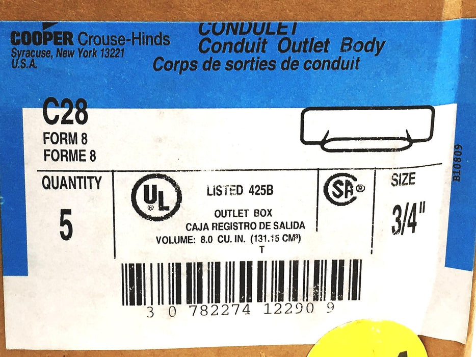 Crouse-Hinds 3/4 Inch Form 8 Conduit Outlet Body 5 Piece Set C28 NOS