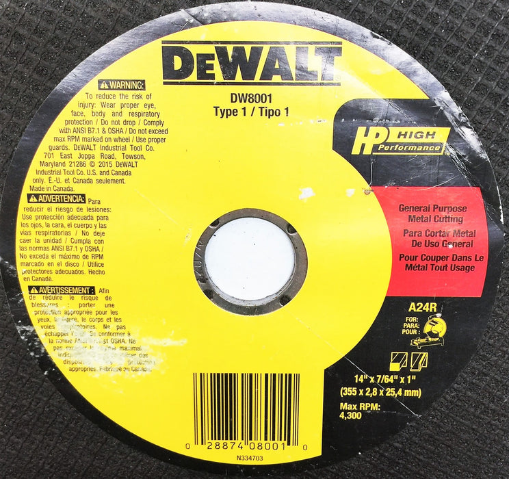DEWALT 14"x7/64"x1" Type 1 Metal Cutting Chop Saw Wheel DW8001 [Lot of 7] NOS