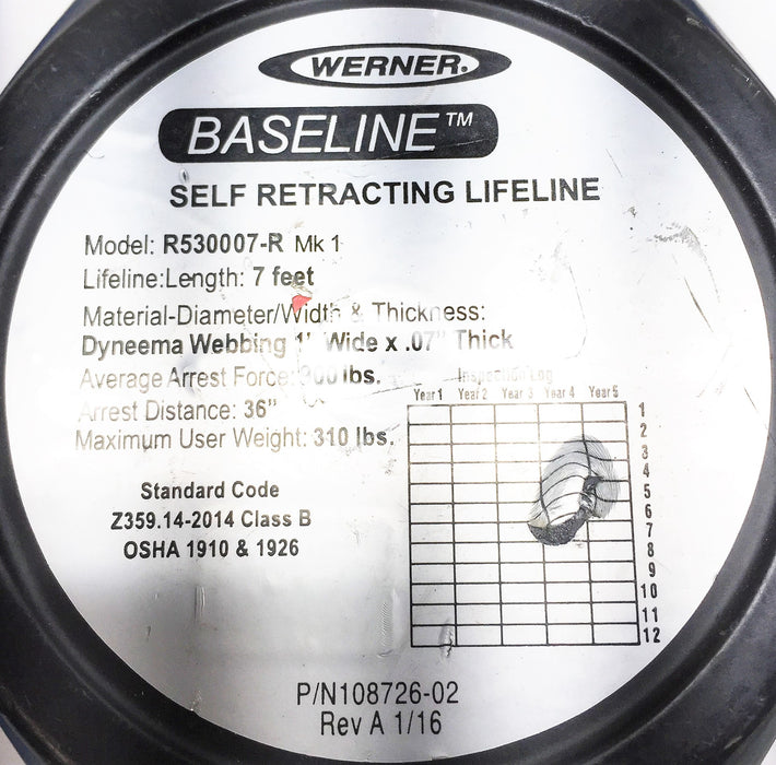 Werner 7' Baseline Web Self-Retracting Lifeline R530007-R USED