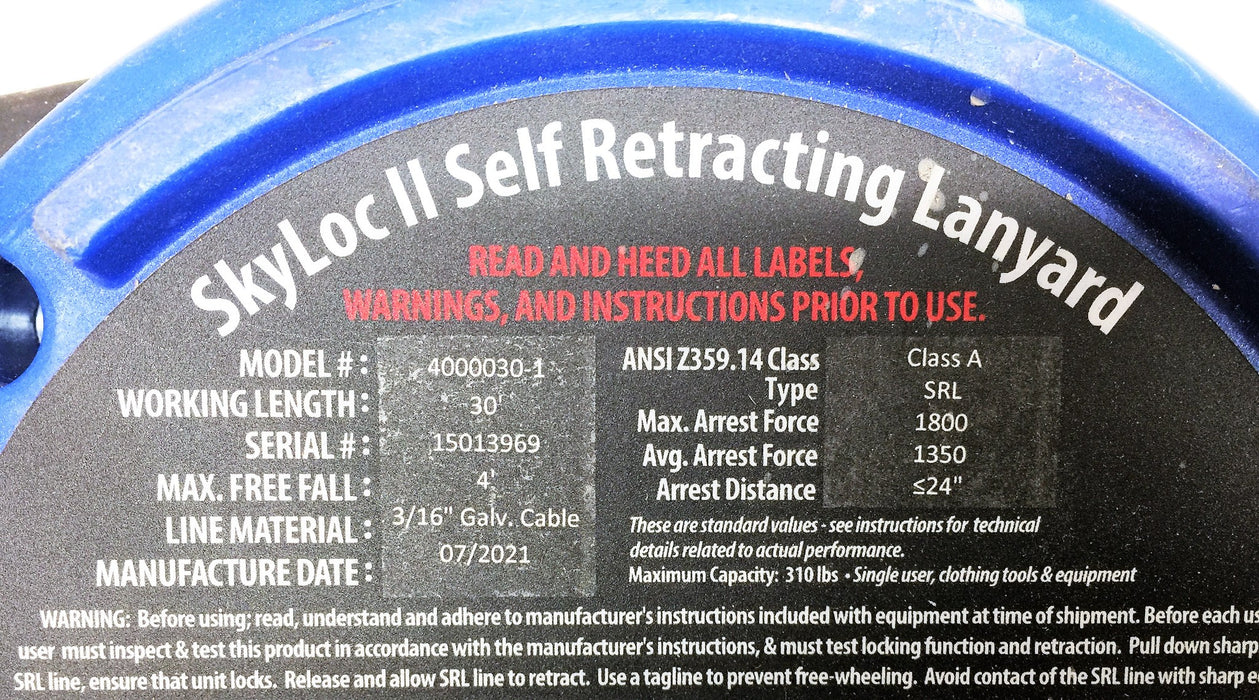 SkyLoc II Self Retracting Galvanized 30' Cable Lifeline 400-030 USED
