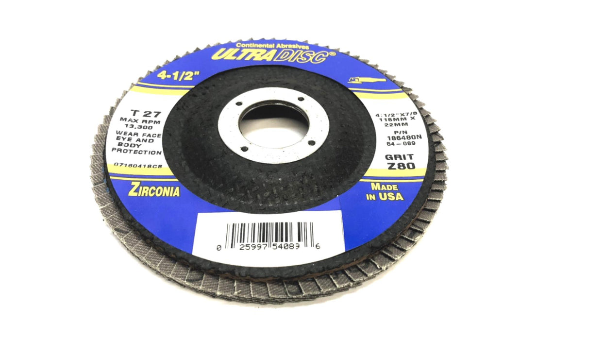 UltraDisc Box of (10) 4-1/2" x 7/8" T27 Z80 Grit Flap Discs 186480N (54-089) NOS