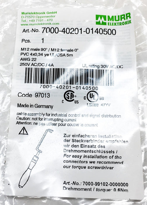 Murr Elektronik M12 Male 90Degree/Female Automation Cable 7000-40201-0140500 NOS