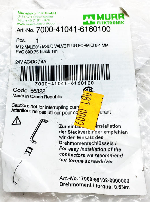 Murr Elektronik M12 Male 0 Degree Automation Cable 7000-41041-6160100 NOS