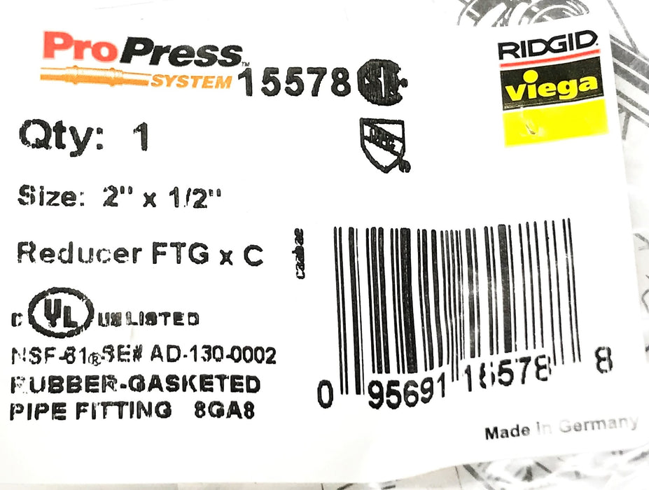 Viega ProPress Bronze Reducer Coupling 2" x 1/2" 15578 NOS