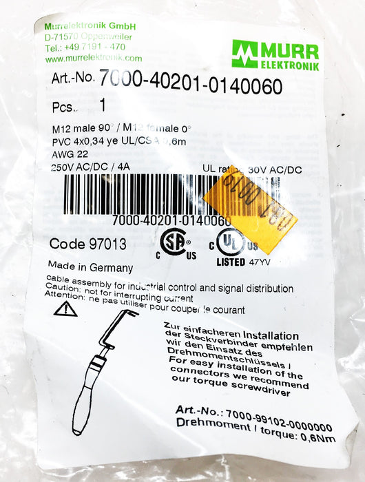 Murr Elektronik M12 Male 90Degree/Female Automation Cable 7000-40201-0140060 NOS