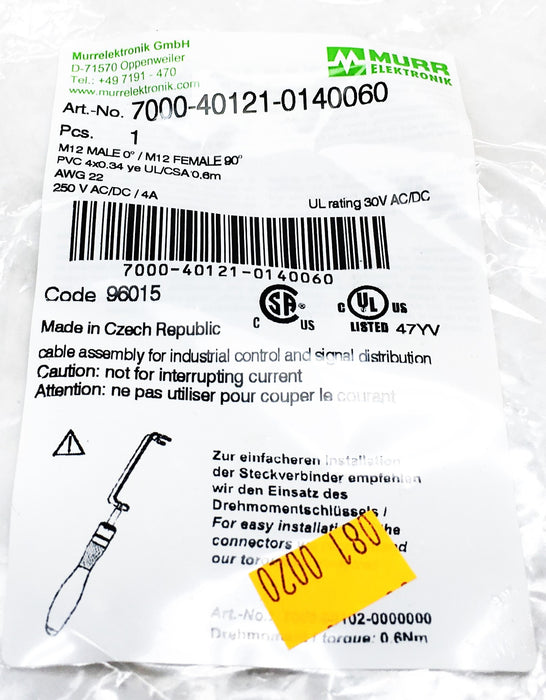 Murr Elektronik M12 Male 0/Female 90 Automation Cable 7000-40121-0140060 NOS