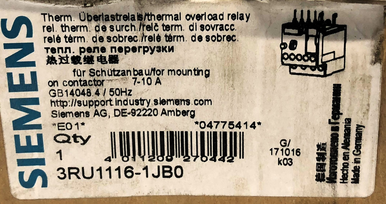 Siemens Overload Relay 3RU1116-1JB0 NOS