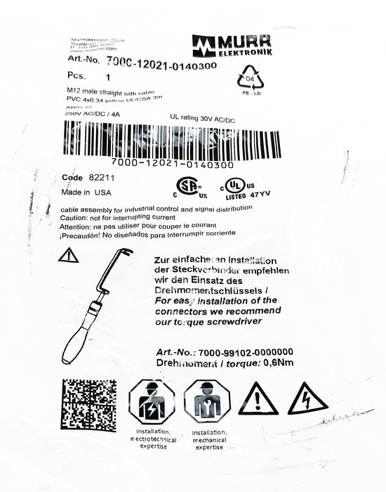 Murr Elektronik M12 Male 0 Degree Automation Cable 7000-12021-0140300 NOS
