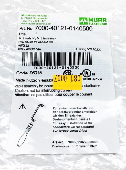 Murr Elektronik M12 Male 0 Degree/Female Automation Cable 7000-40121-0140500 NOS