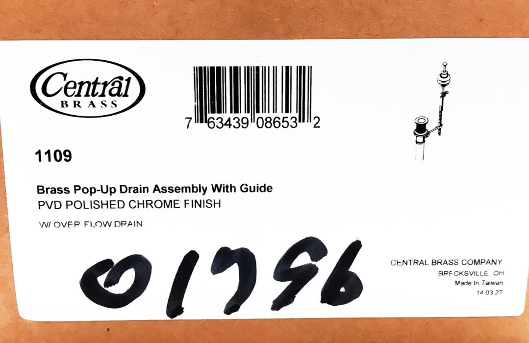 Central Brass Pop-Up Drain Assembly W/ Guide PVD Polished Chrome Finish 1109 NOS