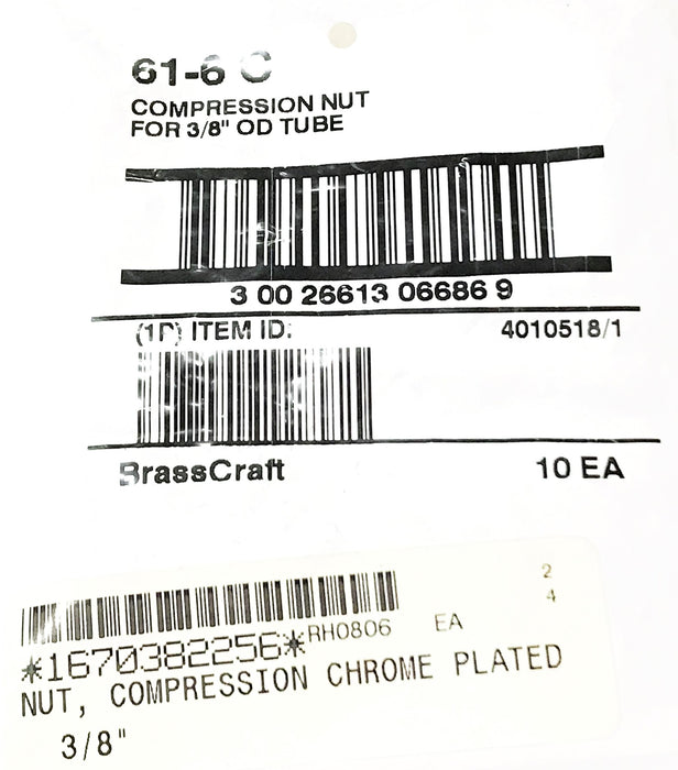 BrassCraft Chrome Plated Compression Nut for 3/8" OD Tube 61-6 C [Lot of 10] NOS