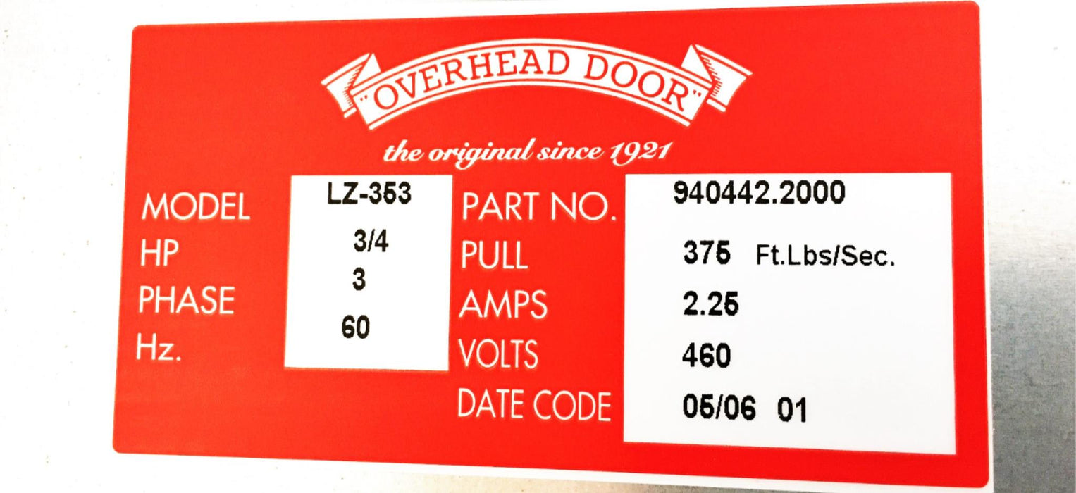 Overhead Door 60Hz 460V Commercial Operator LZ-353 (940442.2000) NOS