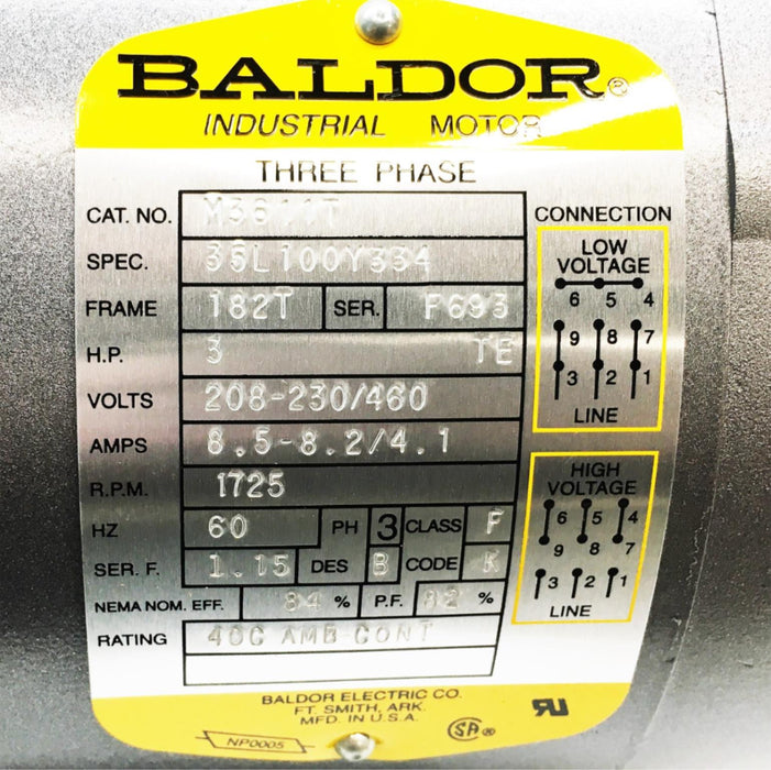 Baldor 208-230/460V 8.5-8.2/4.1Amp 1725RPM 60Hz 3HP Industrial Motor M3611T NOS