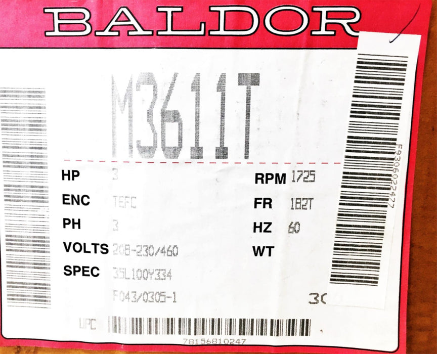 Baldor 208-230/460V 8.5-8.2/4.1Amp 1725RPM 60Hz 3HP Industrial Motor M3611T NOS