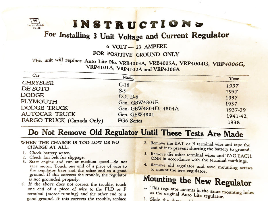 Auto Lite Voltage and Current Regulator VRB4003A NOS