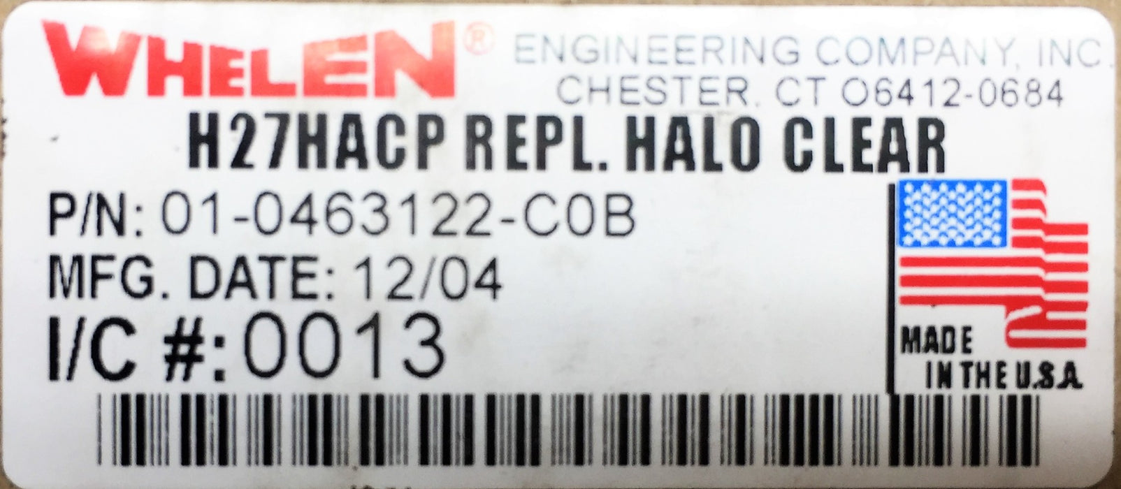 Whelen H27HACP Replacement Halo Clear 01-0463122-C0B NOS