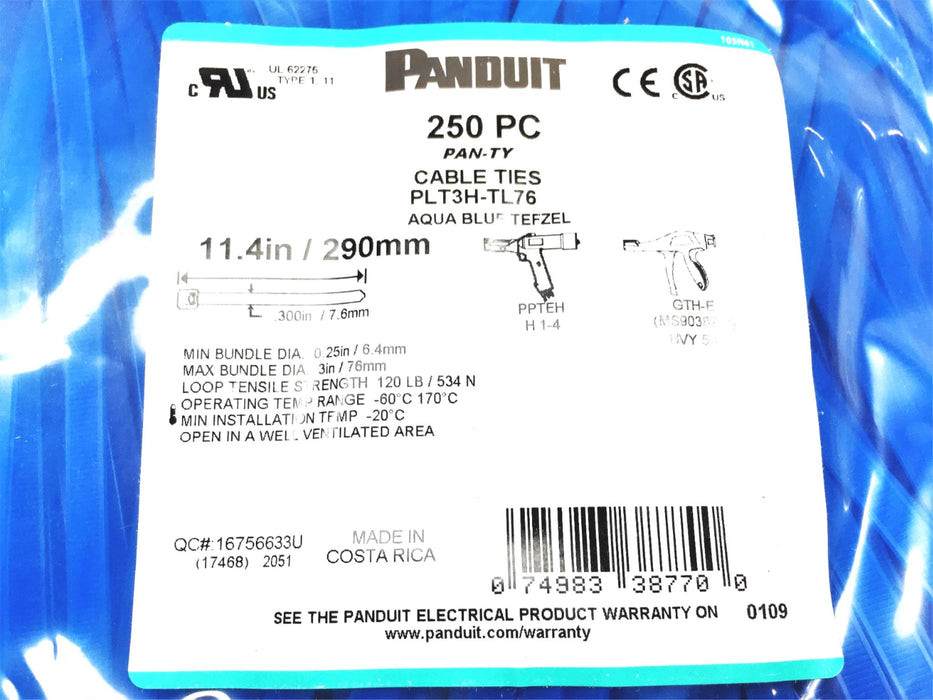 Panduit 250 Piece 11.4 Inch Aqua Blue Tefzel Cable Tie PLT3H-TL76 NOS