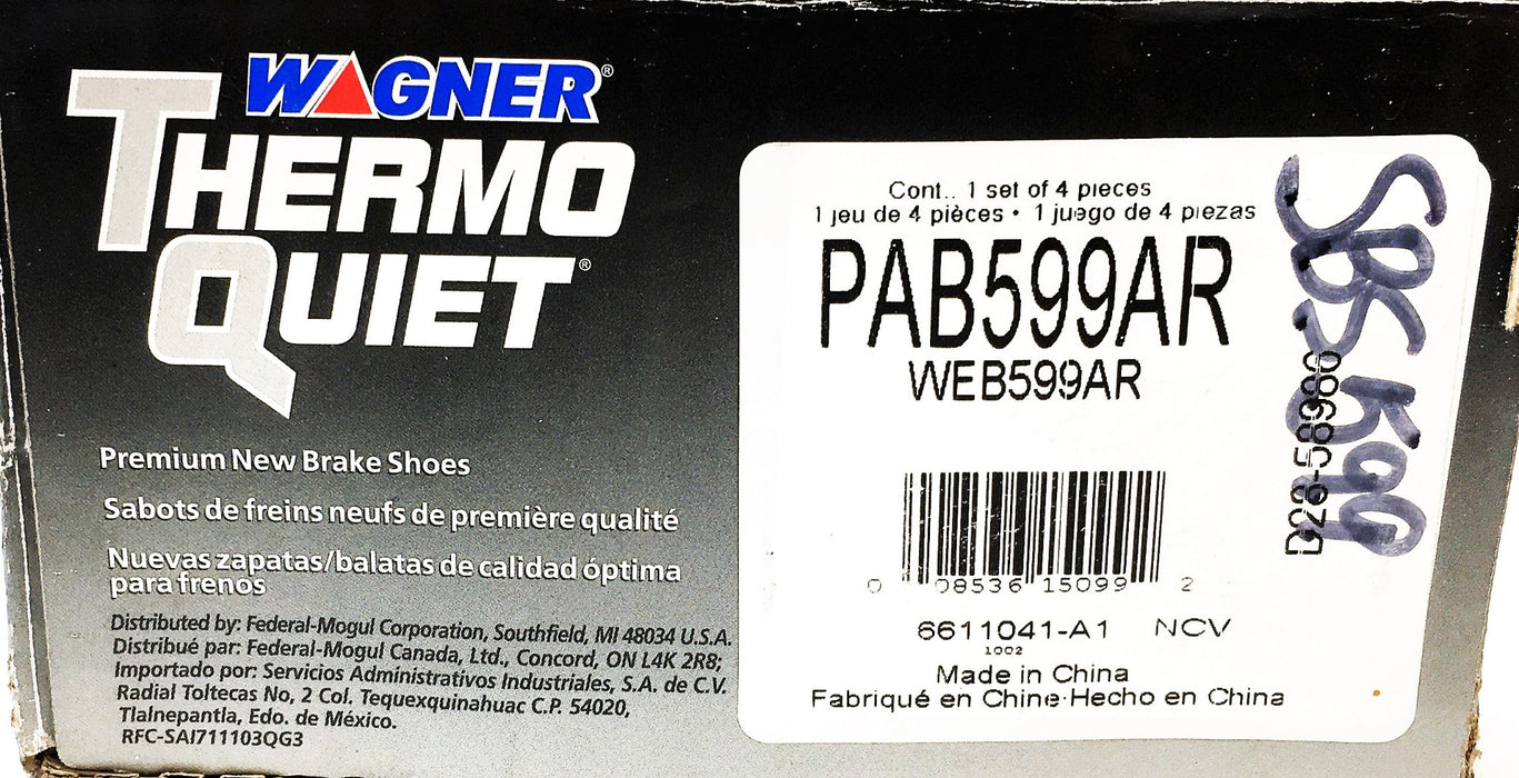 Wagner Thermo Quiet 4 Piece Set Brake Shoes PAB599AR NOS