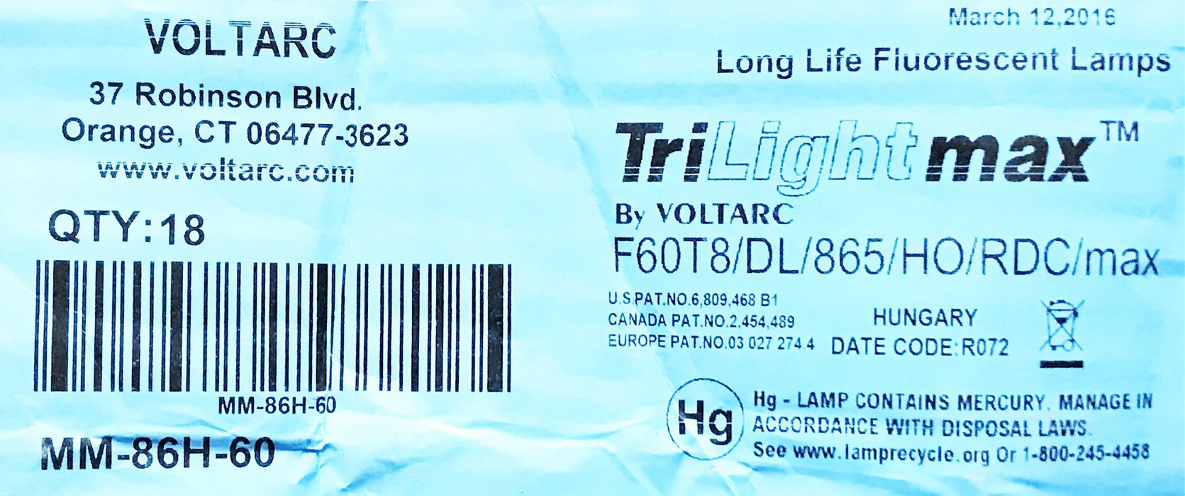 Voltarc TriLightMax Long Life Fluorescent Lamps MM-86H-60 [Lot of 18] NOS