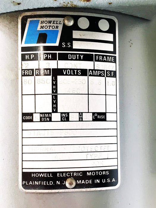 Howell 208-230/460V 6.6/3.3Amp 850RPM 2HP Industrial Motor 9800 REFURBISHED