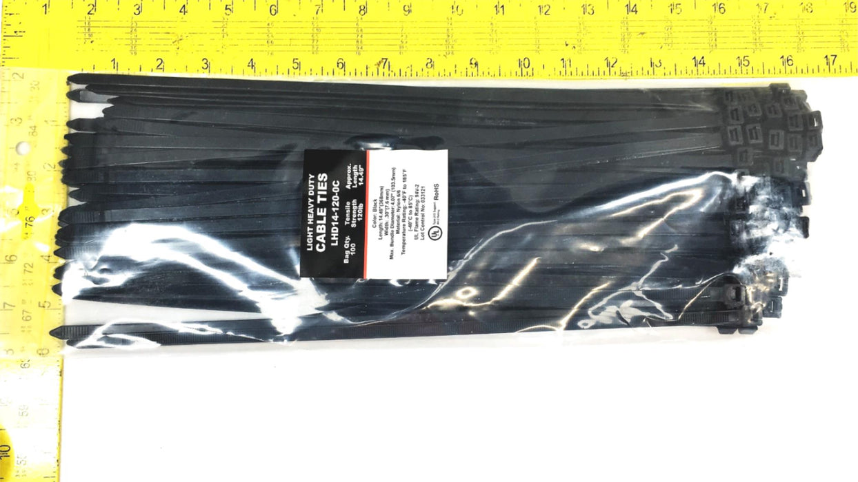 Light Heavy Duty 14.49 Inch 120LB Black Cable Ties LHD14-120-0C [Lot of 2] NOS