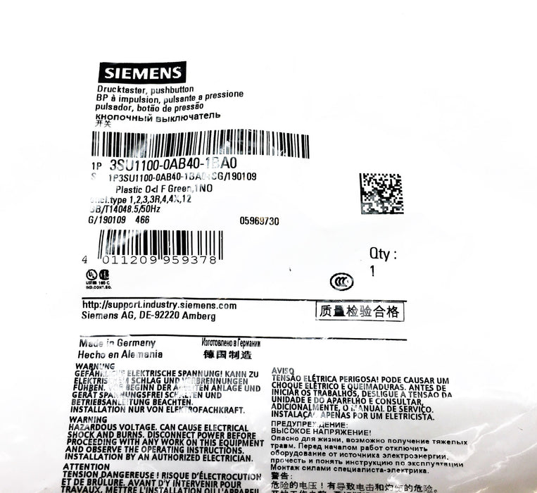 Siemens Push Button 3SU1100-0AB40-1BA0 NOS